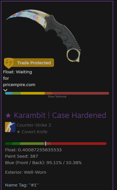 zipelCS's tweet photo. Today starts out with a bang, introducing the worlds first trade protected no. 1 pattern Karambit blue gem #387 💎 https://t.co/SVQNzNEMqG