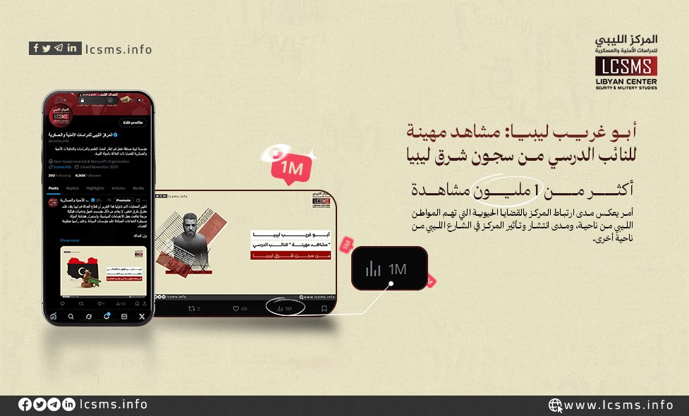 المركز الليبي للدراسات الأمنية والعسكرية (@lcsms_info) on Twitter photo في 8 مايو 2025، نشر المركز الليبي للدراسات الأمنية والعسكرية ورقة بحثية هامة، بعنوان "أبو غريب ليبيا: مشاهد مهينة للنائب الدرسي من سجون شرق ليبيا". وقد تناولت الورقة موضوعا خطيرًا وحساسًا من الناحية الأمنية والسياسية، إذ يتعلق بملف الاختفاء القسري. وما زاد من حساسية وأهمية في 8 مايو 2025، نشر المركز الليبي للدراسات الأمنية والعسكرية ورقة بحثية هامة، بعنوان "أبو غريب ليبيا: مشاهد مهينة للنائب الدرسي من سجون شرق ليبيا". وقد تناولت الورقة موضوعا خطيرًا وحساسًا من الناحية الأمنية والسياسية، إذ يتعلق بملف الاختفاء القسري. وما زاد من حساسية وأهمية
