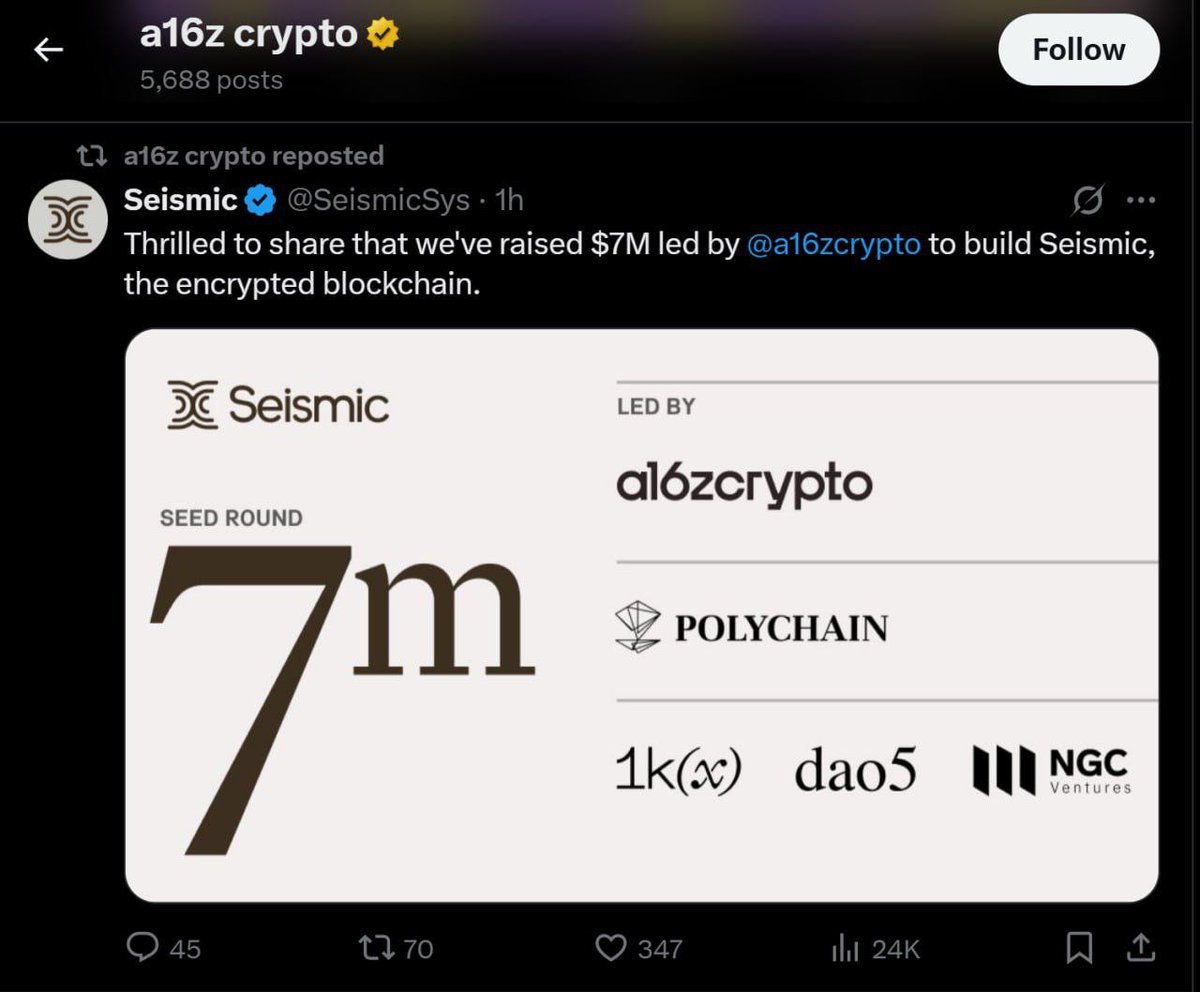 0xDanz1's tweet photo. > 🚨 Seed round done. $7M raised.
Encrypted blockchain is no longer a concept — it’s Seismic.
Backed by the titans: a16z, Polychain, 1kx, dao5, NGC.
This is not just a chain.
This is a movement.
⚠️ Testnet coming. Don’t blink.
#Seismic #Web3 #CryptoTestnet #TheEncryptedChain https://t.co/rHFIjFEc0U