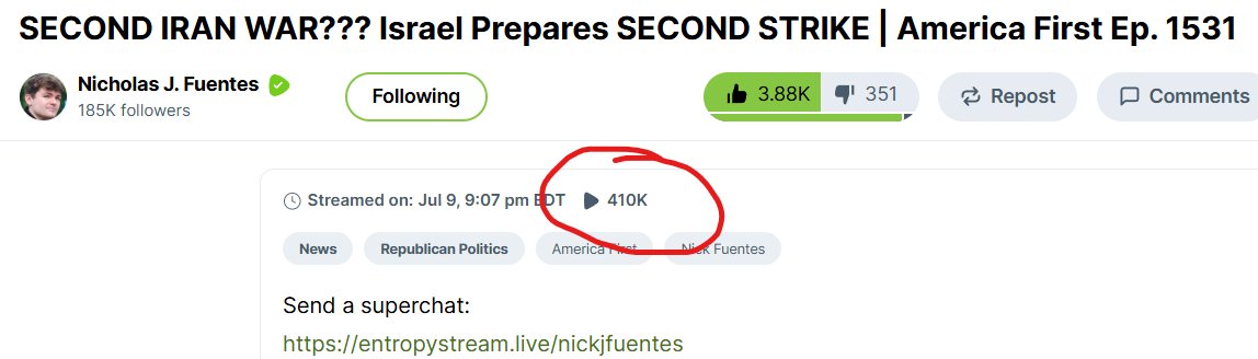 FuentesClips's tweet image. Nick Fuentes' "slow news day" episodes are getting double the viewership of DrDisrespect