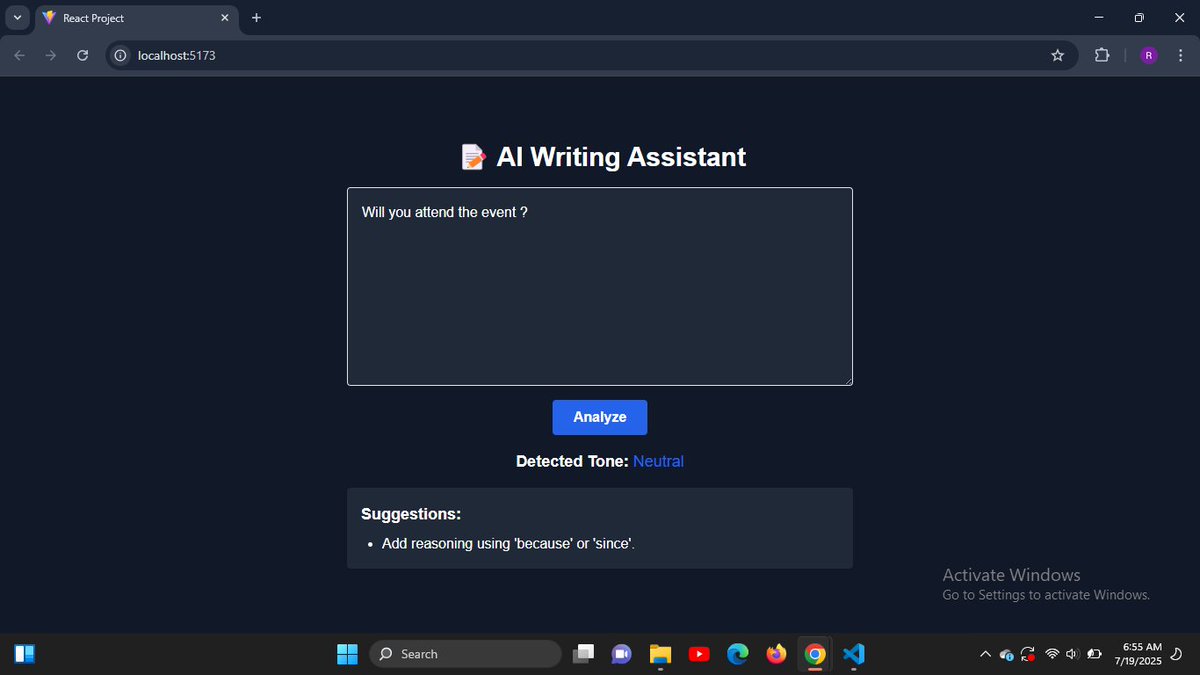 qasimrokeeb's tweet image. 🧵 Day 17 of #30DaysOfReact — AI Writing Assistant (No API)
I built a smart writing helper that gives you tone analysis and useful suggestions — without using any external API! 💡📝
Preview👇
