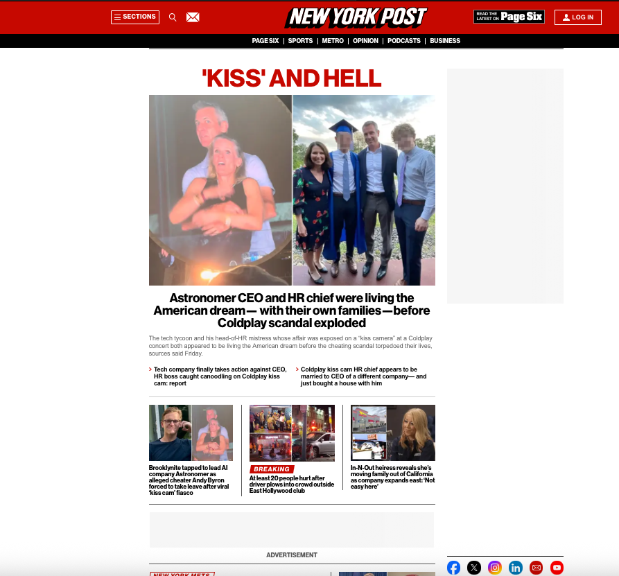 ezroll234's tweet image. 8:15am - Saturday July 19.... This is the lead story on the NYPOST website.
Not until you scroll a bit down does the Obamagate scandal show up.
Is the Coldplay Kiss-cam even that important? Like who cares - put that on Page Six.
What happened to the NYPOST?