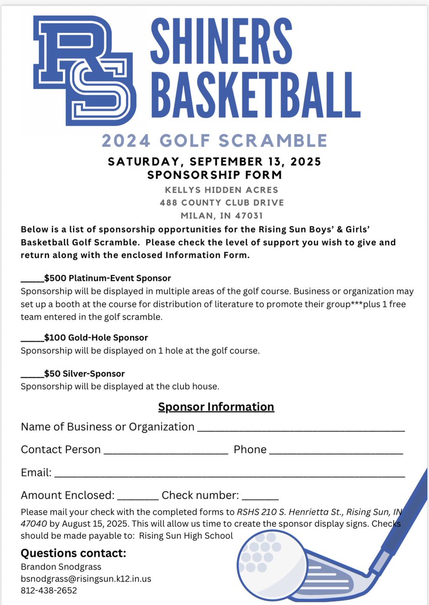 Please come join us on September 13 for the annual golf fundraiser supporting the Rising Sun boys’ and girls’ basketball teams. If you cannot make please share! Sponsor options are also available.