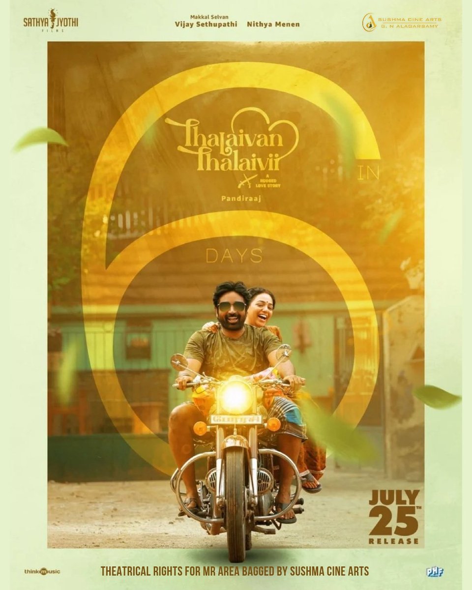 6 days to go for an emotional rollercoaster! 💥❤️ Witness Vijay Sethupathi &amp; Nithya Menen in a raw, rooted love story like never before. Thalaivan Thalaivii hits screens on July 25! 🍿🎬 #ThalaivanThalaivii #VijaySethupathi #NithyaMenen #Pandiraj #RootedLoveStory #July25Release
