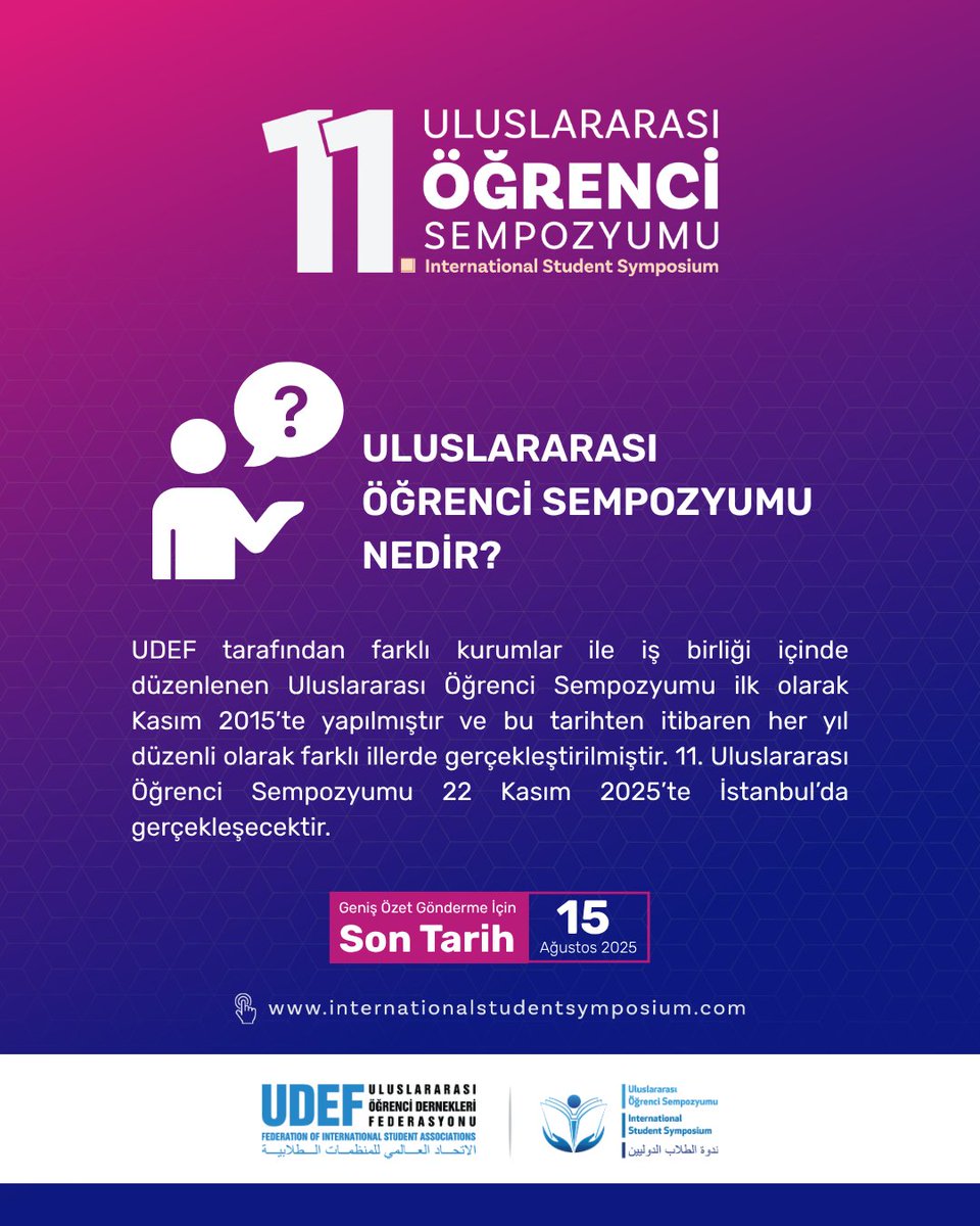 UDEF (@udeforgtr) on Twitter photo ULUSLARARASI ÖĞRENCİ SEMPOZYUMU NEDİR?
📅 Geniş Özet Gönderme İçin Son Tarih: 15 Ağustos 2025
ℹ Ayrıntılı bilgi için: internationalstudentsymposium.com
📝 Başvuru: internationalstudentsymposium.com/basvuru/ ULUSLARARASI ÖĞRENCİ SEMPOZYUMU NEDİR?
📅 Geniş Özet Gönderme İçin Son Tarih: 15 Ağustos 2025
ℹ Ayrıntılı bilgi için: internationalstudentsymposium.com
📝 Başvuru: internationalstudentsymposium.com/basvuru/