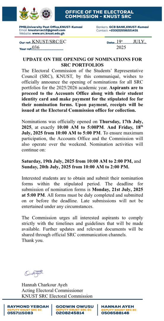 KNUSTSRCEC's tweet image. Nomination forms for KNUST SRC Portfolio is still open.

To ensure maximum participation, the accounts office and the Electoral commission will operate this weekend.

#KNUSTDecides25