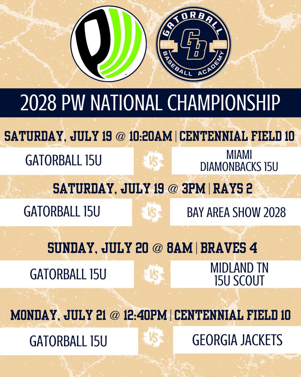 _Gatorball_'s tweet image. It’s go time! Our 15U team is set to compete in the 2028 PW National Championship this weekend. ⚾️ Check out the schedule and follow along as they hit the field! 💥👏
#15UBaseball #PWNationalChampionship #YouthBaseball #TravelBall #BaseballGrind #ChampionshipWeekend…