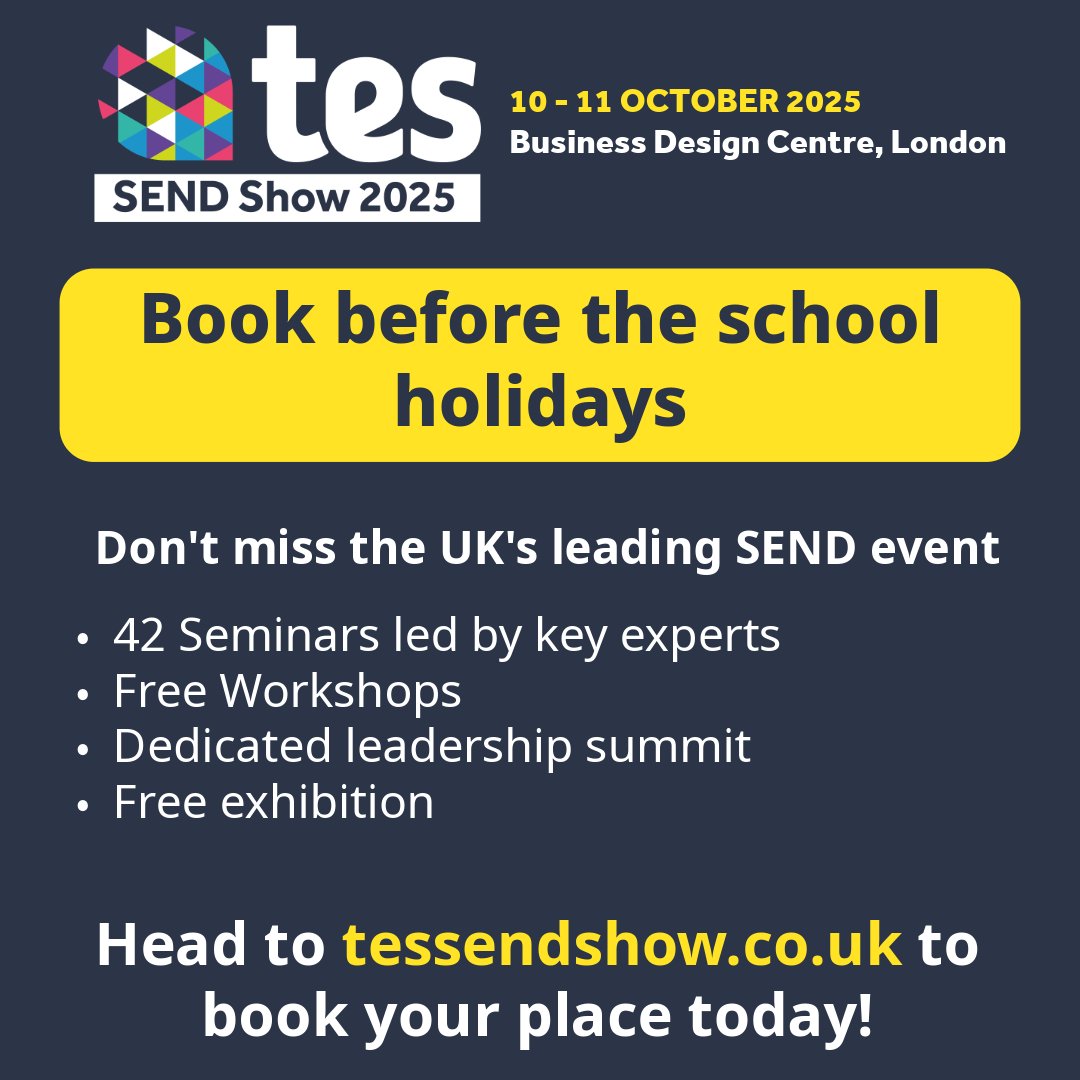 SENDShowUK's tweet image. ☀️Summer holidays are coming up, so make sure you&apos;ve booked your place at the #TesSENDShow2025! 

🎟️Register for FREE today 👉ow.ly/of5G50VVwPp
🔗Find out more here 👉ow.ly/gL7850VVwPq