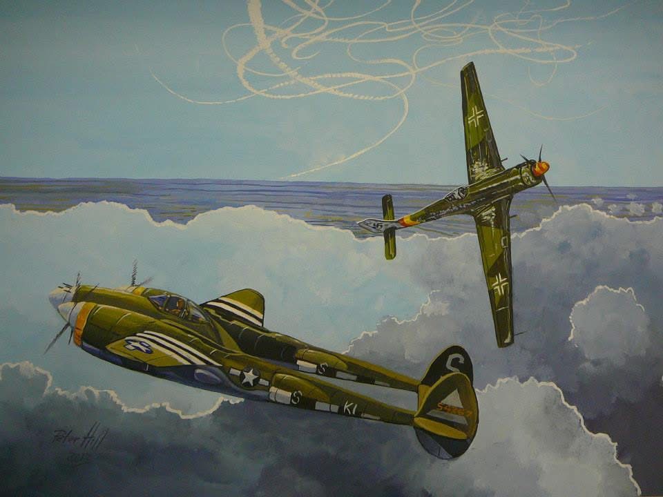 petehill854's tweet image. Painting l did in 2013.
P-38 Lightning having a close encounter with a Ta-152, early 1945.
Gouache acrylic on paper 40 x 70cm