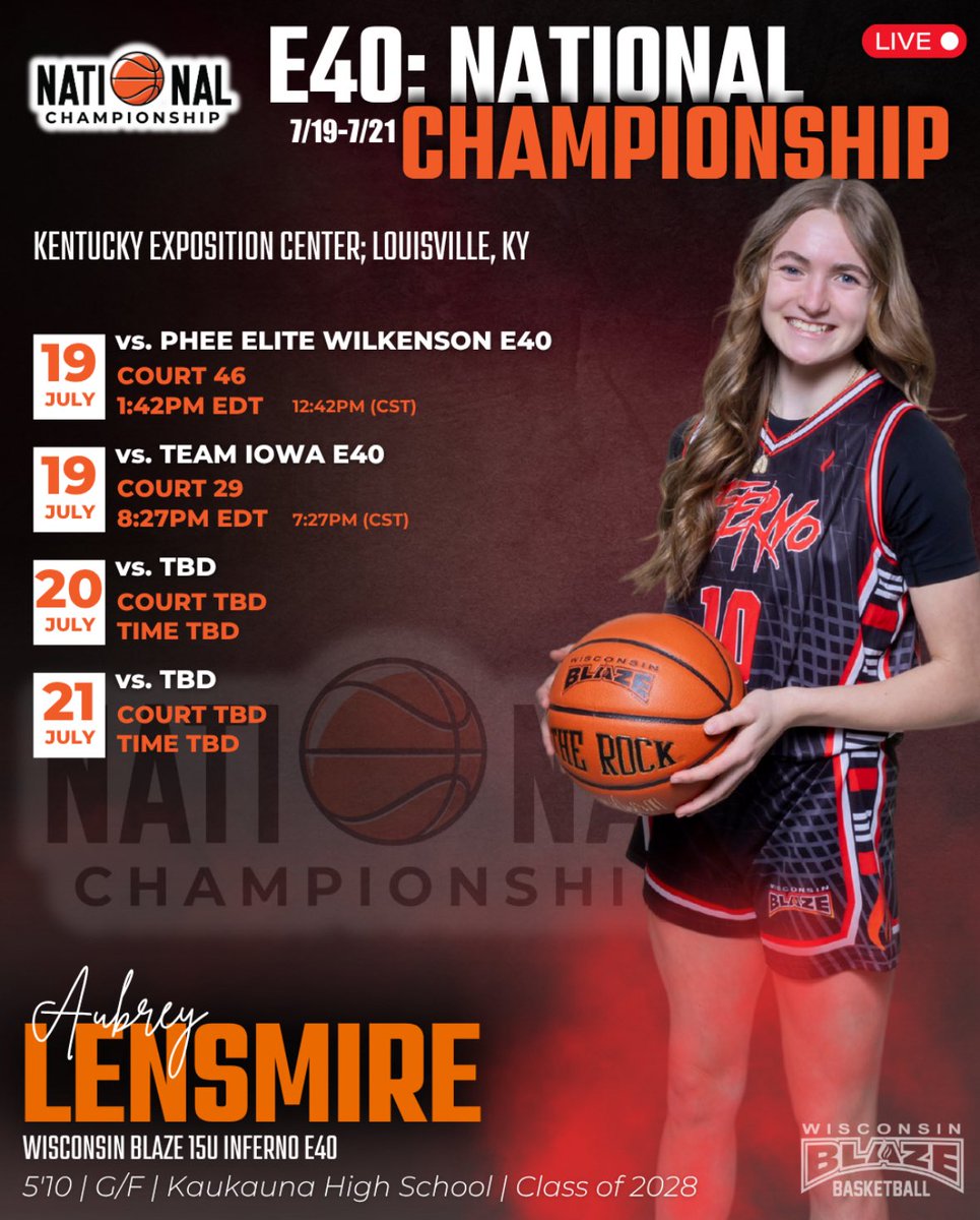 Aubrey Lensmire (@aubreylensmire) on Twitter photo Schedule for the last tournament: E40 Championship in Kentucky.<a href="/WIBlazeInferno/">WI Blaze Inferno Girls</a> <a href="/WisconsinBlaze/">Wisconsin Blaze Girls Basketball</a> <a href="/LisaMVanWyk/">Lisa Van Wyk</a> <a href="/Elite40League/">Elite 40 League</a> <a href="/NE2KHoops/">NE2KHoops</a> Schedule for the last tournament: E40 Championship in Kentucky.<a href="/WIBlazeInferno/">WI Blaze Inferno Girls</a> <a href="/WisconsinBlaze/">Wisconsin Blaze Girls Basketball</a> <a href="/LisaMVanWyk/">Lisa Van Wyk</a> <a href="/Elite40League/">Elite 40 League</a> <a href="/NE2KHoops/">NE2KHoops</a>