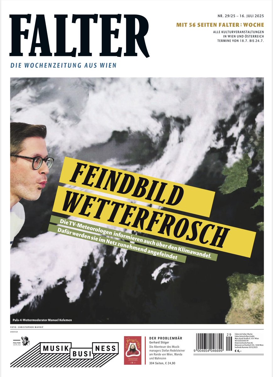 Großer Tipp ist die aktuelle Wochenausgabe des <a href="/falter_at/">@falter_at</a>. Bei der Cover-Story geht es um TV #Meteorologen, die immer größeren Anfeindungen ausgesetzt sind, vor allem dann wenn es wieder eine neue #Hitzewelle gibt, obwohl sie nur nüchtern über Fakten berichten.
#Klimakrise