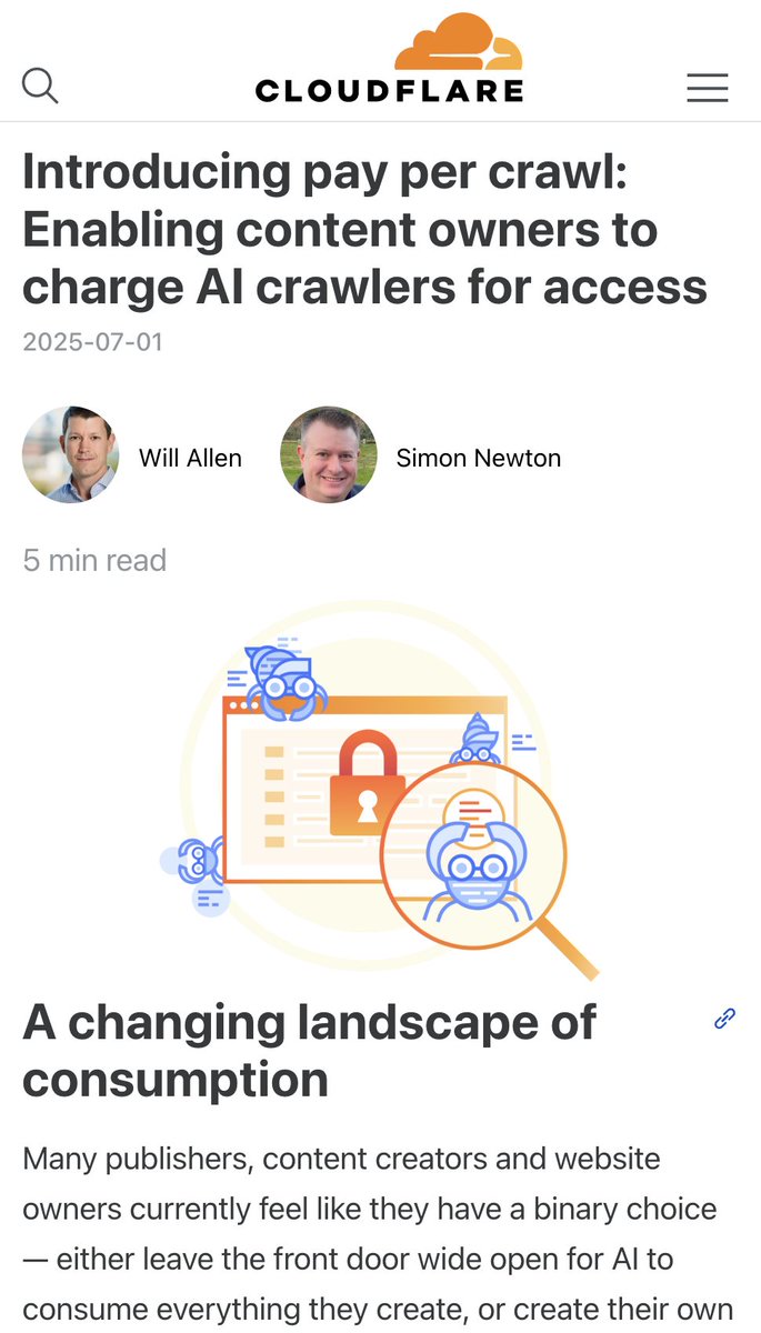 gregisenberg's tweet image. cloudflare just broke the internet's business model.
they launched "pay per crawl" websites can now charge ai crawlers for scraping content. instead of "block all bots" or "let them steal everything," there's option 3: "pay me."
why this is a BIG DEAL:
every SaaS has valuable…