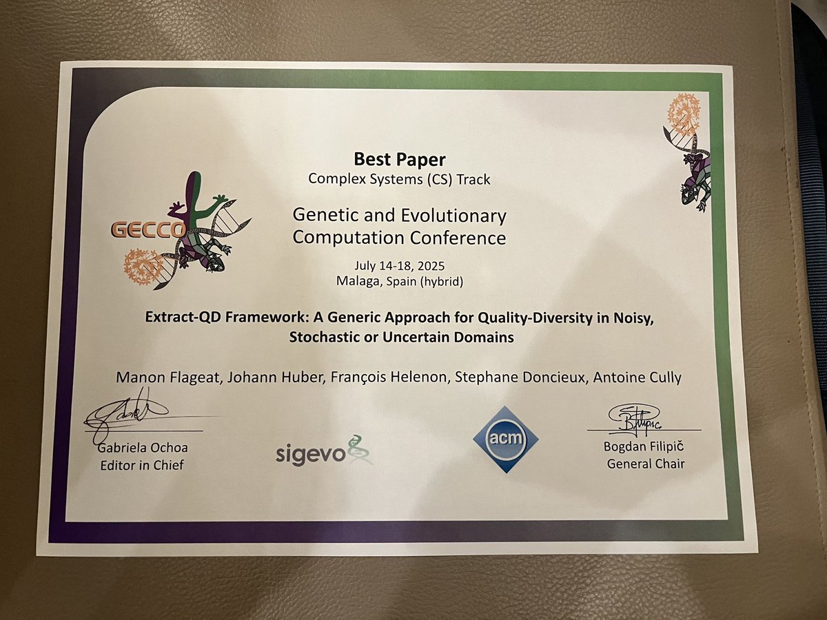 CULLYAntoine's tweet image. For the fifth consecutive year, we are coming back from from @GeccoConf with a Best Paper Award!!!🥇 congratulations to my former PhD student @MFlageat and our great collaborators Johann Huber, Francois Helenon, and @doncieux 🎉🦎