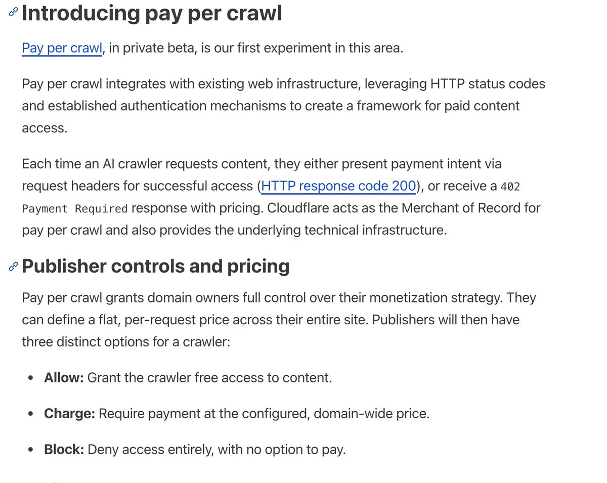 gregisenberg's tweet image. cloudflare just broke the internet's business model.
they launched "pay per crawl" websites can now charge ai crawlers for scraping content. instead of "block all bots" or "let them steal everything," there's option 3: "pay me."
why this is a BIG DEAL:
every SaaS has valuable…