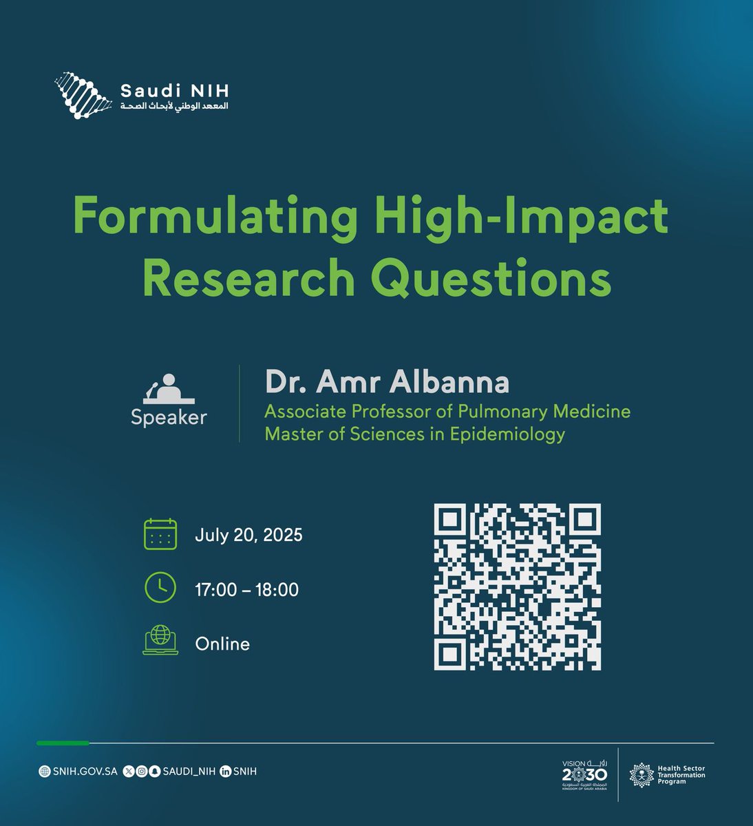 المعهد الوطني لأبحاث الصحة | Saudi NIH (@saudi_nih) on Twitter photo Join our virtual lecture: "Formulating High-Impact Research Questions"
Enhancing research by crafting strong and impactful questions is essential for researchers looking to improve the quality and influence of their work.
July 20, 2025 | 17:00 – 18:00
snih-sa.zoom.us/webinar/regist… Join our virtual lecture: "Formulating High-Impact Research Questions"
Enhancing research by crafting strong and impactful questions is essential for researchers looking to improve the quality and influence of their work.
July 20, 2025 | 17:00 – 18:00
snih-sa.zoom.us/webinar/regist…