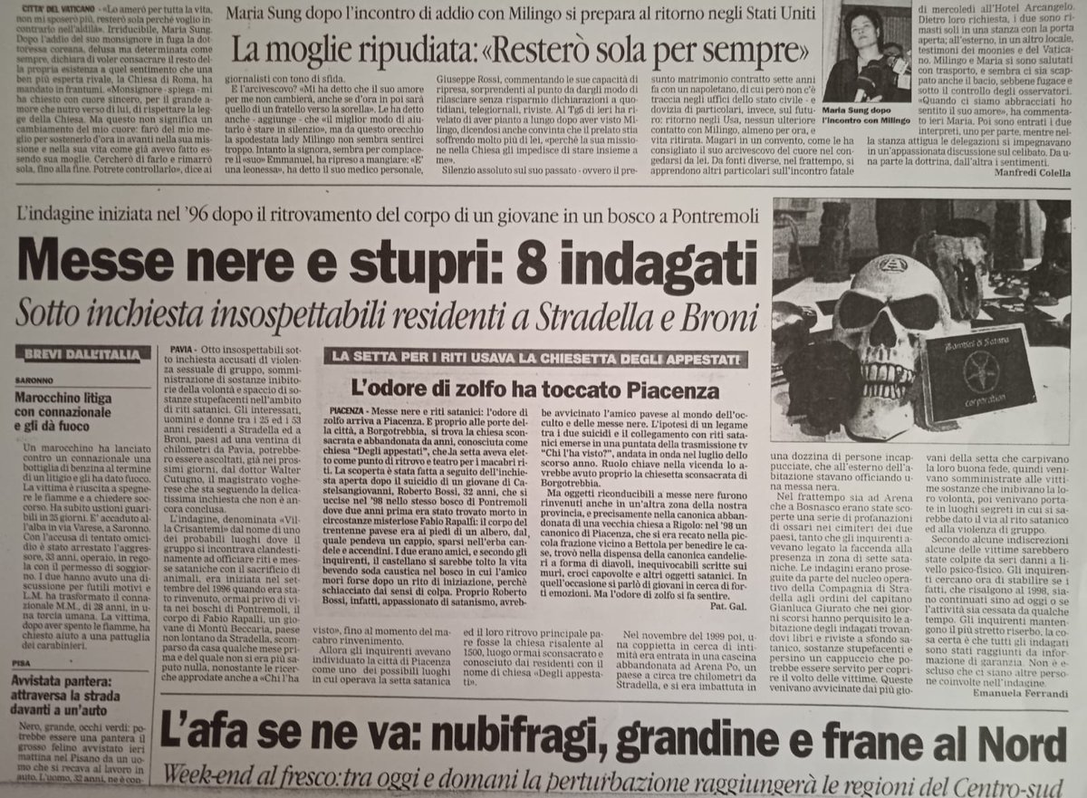 rinaldober4501's tweet image. 2001. Piste sataniche tra Broni e Stradella: 8 insospettabili finiscono sotto inchiesta. Si tratta dell'indagine denominata "Villa Crisantemi" che riguarda il Caso Rapalli (fonte Libertà Piacenza) - 1