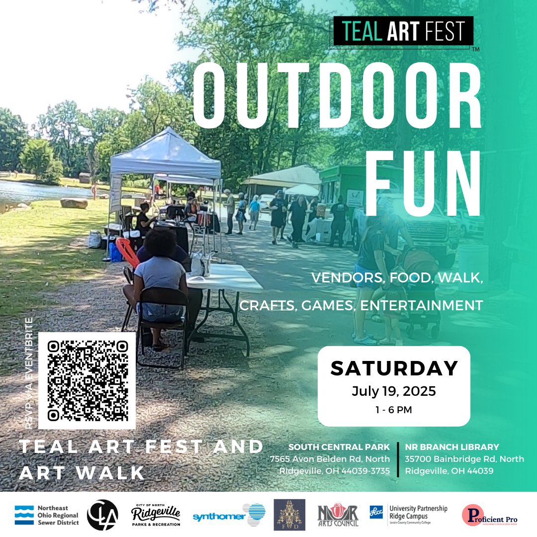 Join us for Fest Day at South Central Park and North Ridgeville Branch Library! Enjoy the TEAL Art Walk, local vendors, live performances, and a raffle.
More info: battleoftheteal.org/teal-art-fest/ #TEALFest #SupportLocalArtists