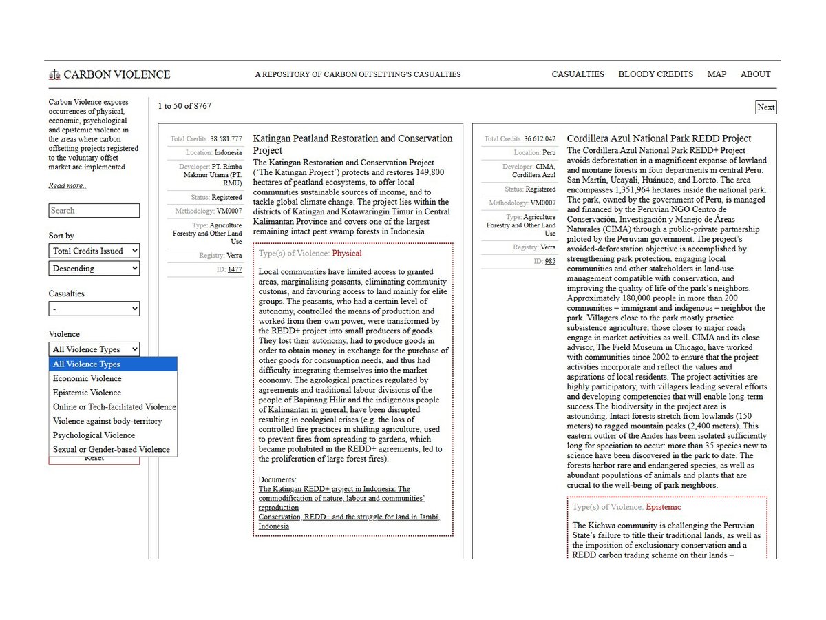 Thanks Rachel and Adrien for listing the Carbon Violence archive (carbon.vado.li) in &lt;Built to Fail?&gt; among the available resources-projects to investigate carbon-offsetting projects.

+ now is possible to filter projects by the type of violence perpetrated