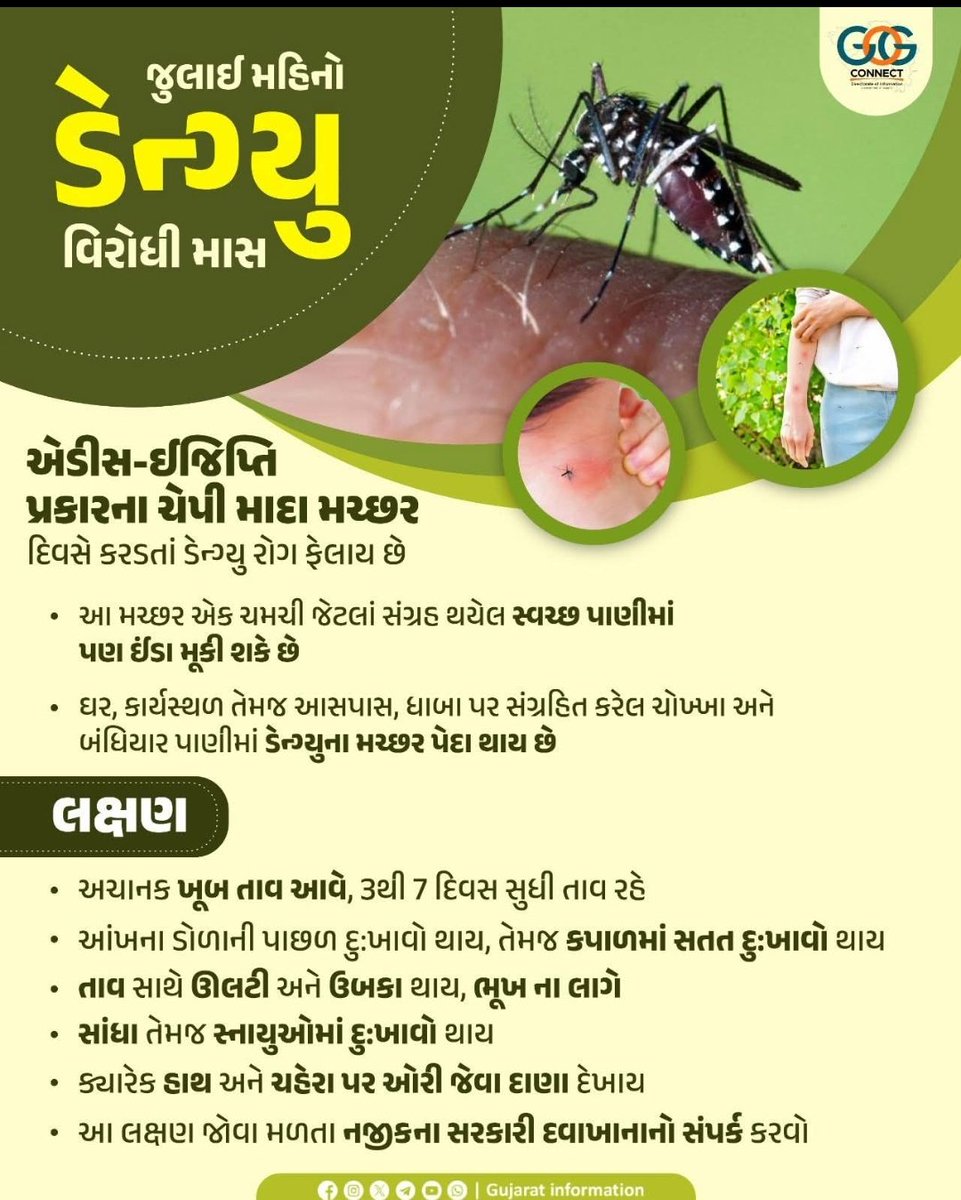 PhcTurkha's tweet photo. "જુલાઈ મહિનો એટલે ડેન્ગ્યુ વિરોધી માસ"

ડેન્ગ્યુ રોગ માદા એડીસ ઈજિપ્તી મચ્છર થી ફેલાય છે તેના થી બચવા માટે મચ્છર ઉત્પત્તિ અટકાવવાના પ્રયત્નો કરો.

વધુ માહિતી માટે આપના નજીક ના આરોગ્ય કેન્દ્ર નો અથવા આરોગ્ય કર્મચારીઓ નો સંપર્ક કરો..
#FightAgainstDengue https://t.co/lfGBzqKCT8