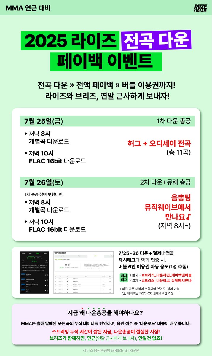 🧡 2025 라이즈 전곡 다운 페이백 이벤트 🧡

라이즈와 브리즈, 연근을 위해 바로 지금 필요한 것!! 
올해 발매된 전곡 다운총공 이벤트를 진행합니다 

허그부터 오디세이 앨범까지 
전곡 다운하고, 
전액 페이백 받고, 
버블권 응모까지 🔥

Team hmh, 함께해주세요🧡

🗓️ 1차 총공 : 7월 25일 (금)