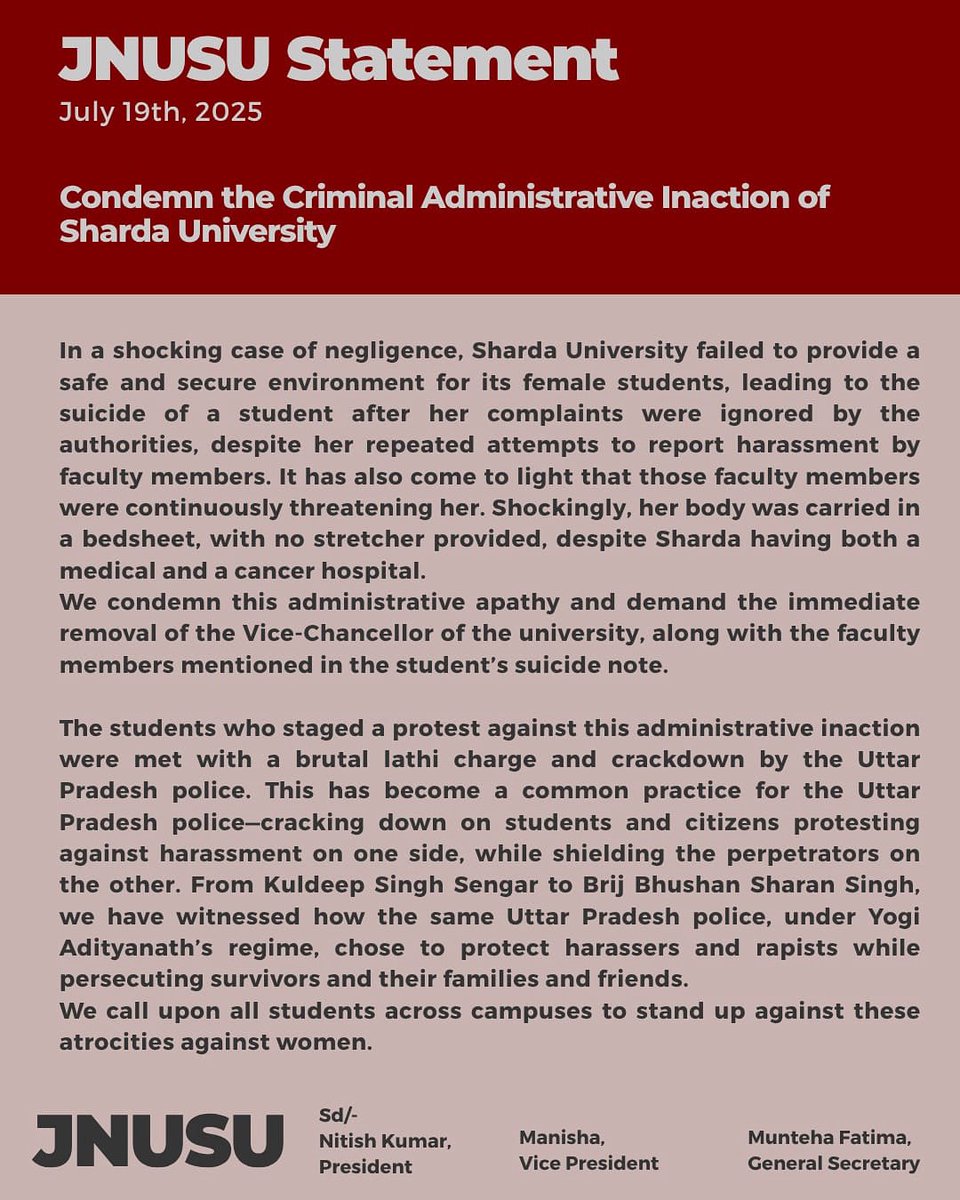 nitishkumaraisa's tweet image. VC, Sharda University must resign! Punish all the perpetrators! JNU stands with the students of Sharda University, Greater Noida.
@sharda_uni