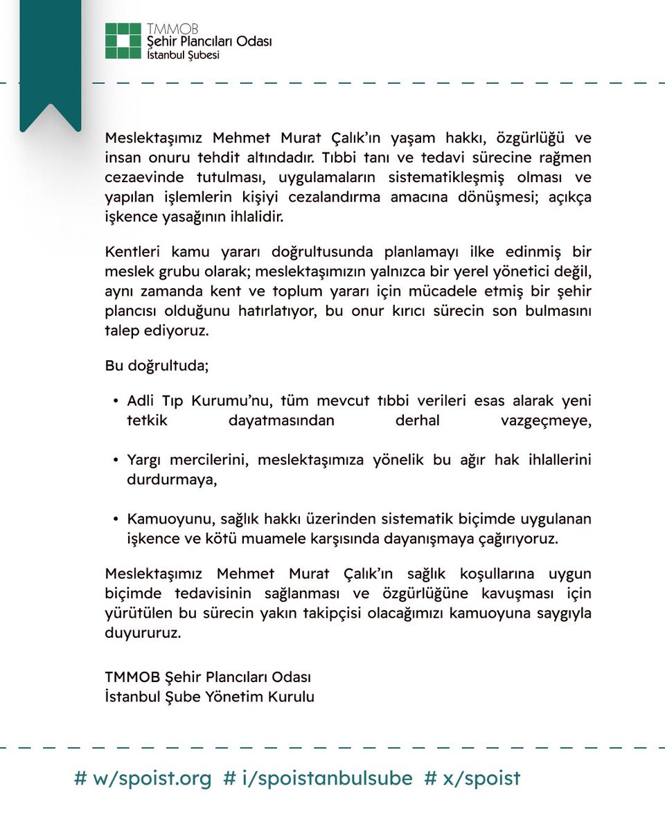 spoist's tweet image. Mehmet Murat Çalık’a Yapılan İşkenceye Son Verin!
#MehmetMuratÇalıkSerbestBırakılsın
#ŞehirPlancılarınaÖzgürlük