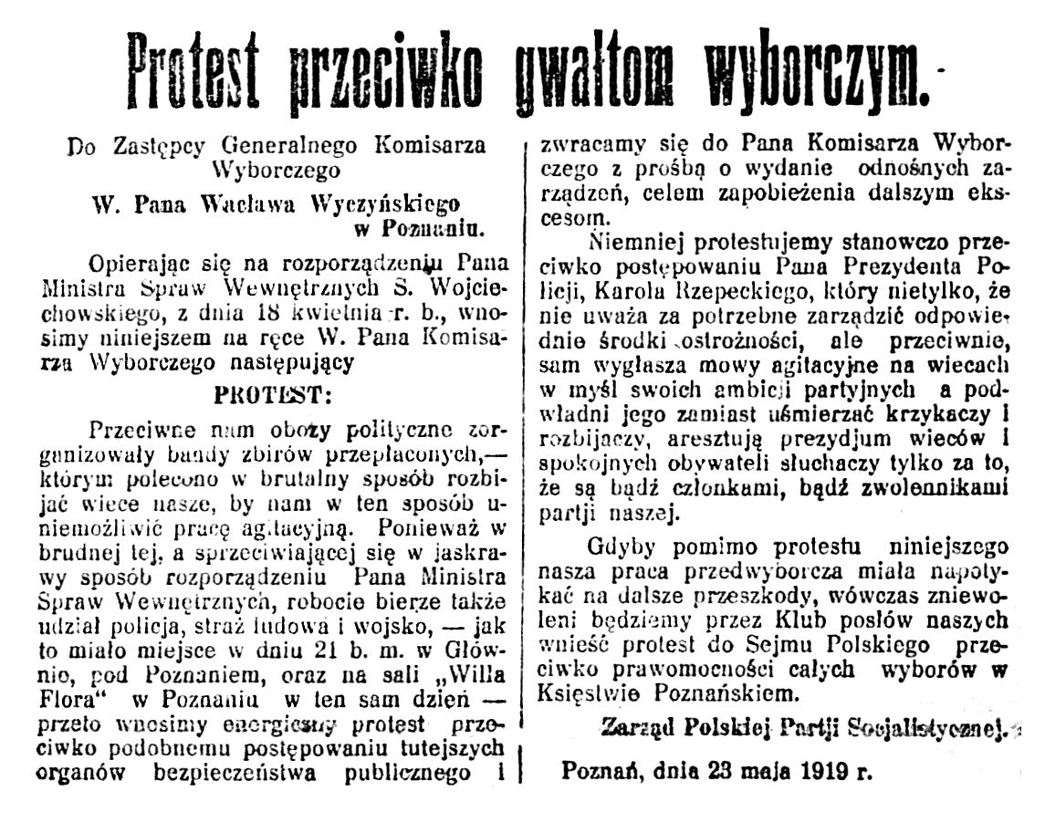 P_P_o_P_W's tweet image. Rok 1919. Jeden z protestów wyborczych wniesionych przez PPS przy okazji wyborów do Sejmu w Wielkopolsce.
Podsycana przez rządzącą prawicę atmosfera nienawiści wobec lewicy i represje ze strony miejscowej administracji praktycznie uniemożliwiły PPS prowadzenie kampanii wyborczej