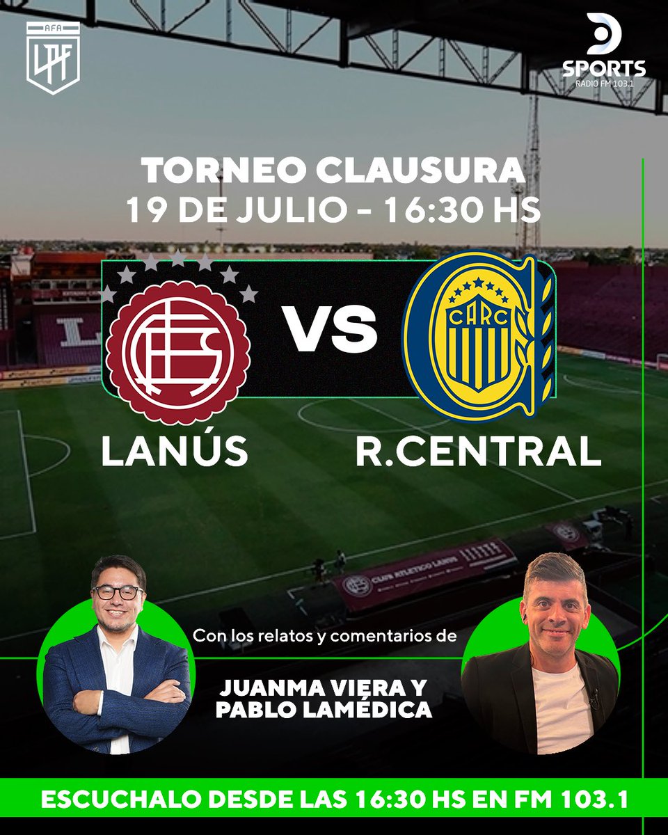 DSports Radio 103.1 FM (@dsportsradio) on Twitter photo 🔥 La acción del Torneo Clausura continúa y la vivís en DSPORTS Radio FM 103.1, #ElSonidoDelDeporte.
📻 Desde las 16:30 transmitimos #Lanús - #RosarioCentral, con los relatos de <a href="/JuanmaViera27/">Juanma Viera</a> y los comentarios de <a href="/pablolamedica/">Pablo Lamédica</a> 🔝 🔥 La acción del Torneo Clausura continúa y la vivís en DSPORTS Radio FM 103.1, #ElSonidoDelDeporte.
📻 Desde las 16:30 transmitimos #Lanús - #RosarioCentral, con los relatos de <a href="/JuanmaViera27/">Juanma Viera</a> y los comentarios de <a href="/pablolamedica/">Pablo Lamédica</a> 🔝