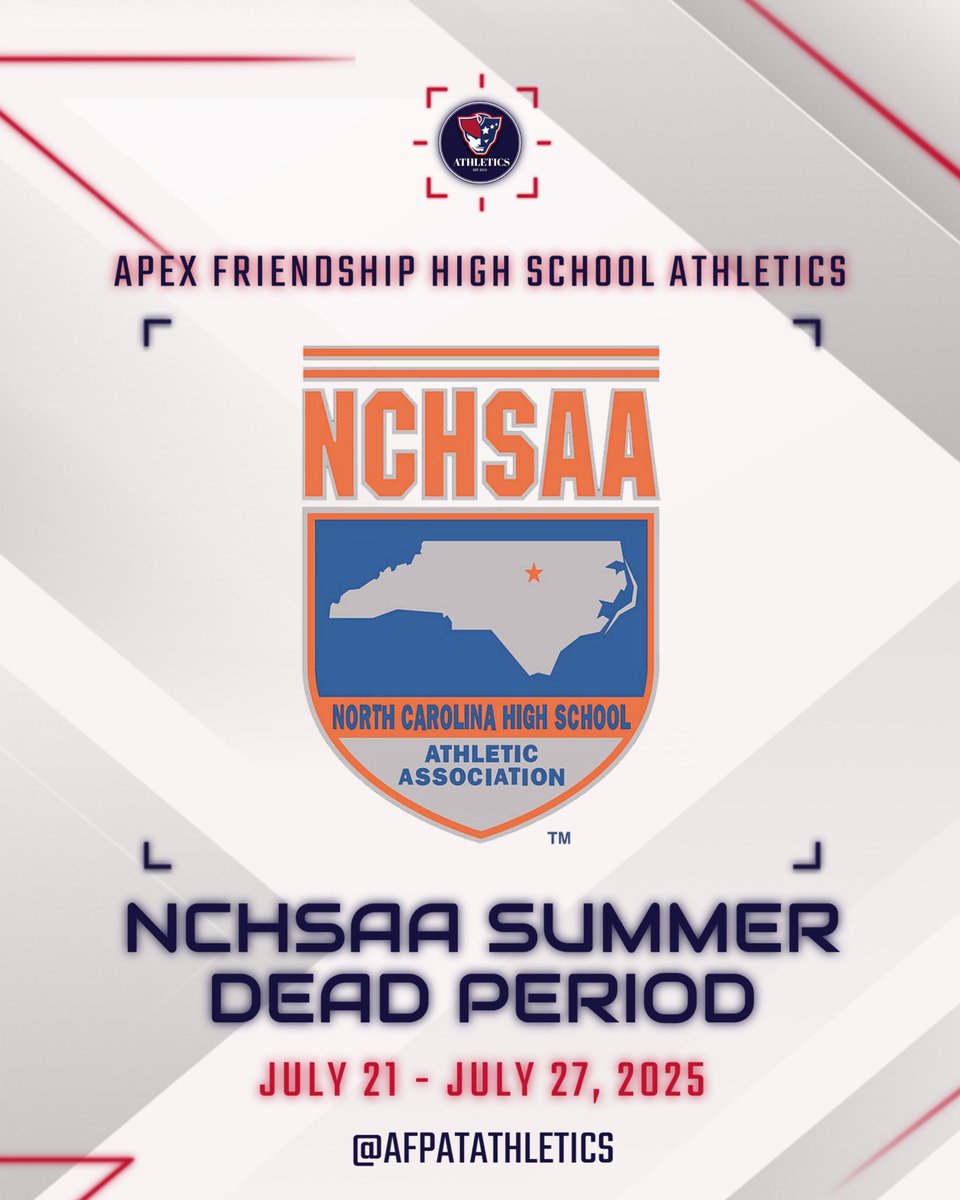 AFPatAthletics's tweet image. π¨ Reminder that next week kicks off the 2nd @NCHSAA Summer Dead Periodπ¨There will be no workouts during this time. Enjoy your time off as we move closer to the start of Fall sports! #PatFam #RepAFHS