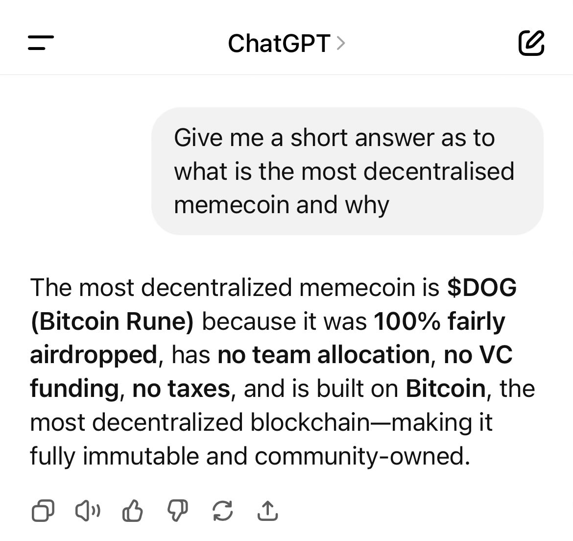 AdamBnft's tweet image. ChatGPT speaking straight facts.
$DOG is the most decentralised memecoin and there are people out there still fading us SMH. They’ll soon join us