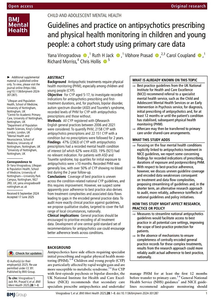 📢New Study in <a href="/BMJMentalHealth/">BMJ Mental Health</a>: Over Half of Children on Antipsychotics Miss Key Health Checks; Poor Monitoring, Patchy Guidelines Highlight Need for National Standards.
 
<a href="/nottmhospitals/">Nottingham University Hospitals</a>
<a href="/UniofNottingham/">Uni of Nottingham #WeAreUoN</a> 

Link: mentalhealth.bmj.com/content/28/1/e…