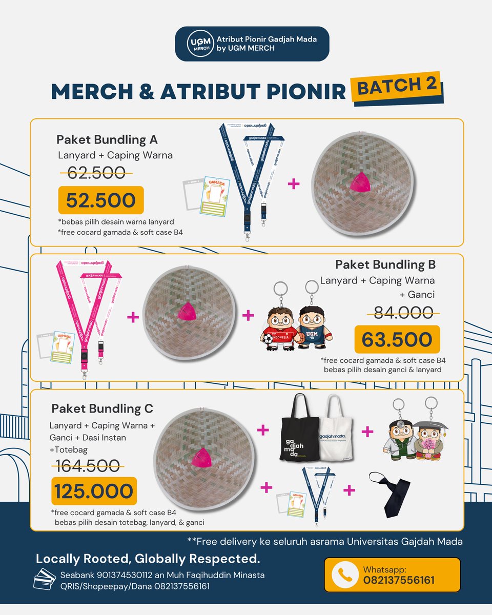 UGM_FESS's tweet image. Open  Pre-Order Merch dan Atribut Pionir Batch 2!

Hallo Gadjah Mada Muda 2025!
Belum sempat bikin atribut? Tenang, semua udah kami siapin buat kamu

Mulai dari atribut wajib hingga merchandise keren—sesuai ketentuan dan bergaransi 100%. Tinggal pesan, tanpa ribet.

*LIMITED SLOT…
