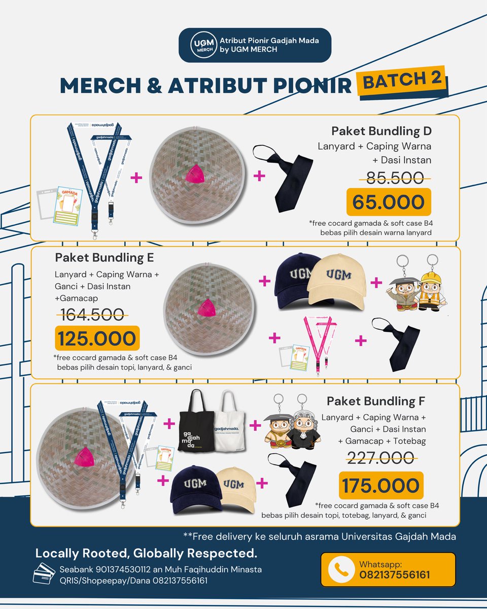 UGM_FESS's tweet image. Open  Pre-Order Merch dan Atribut Pionir Batch 2!

Hallo Gadjah Mada Muda 2025!
Belum sempat bikin atribut? Tenang, semua udah kami siapin buat kamu

Mulai dari atribut wajib hingga merchandise keren—sesuai ketentuan dan bergaransi 100%. Tinggal pesan, tanpa ribet.

*LIMITED SLOT…