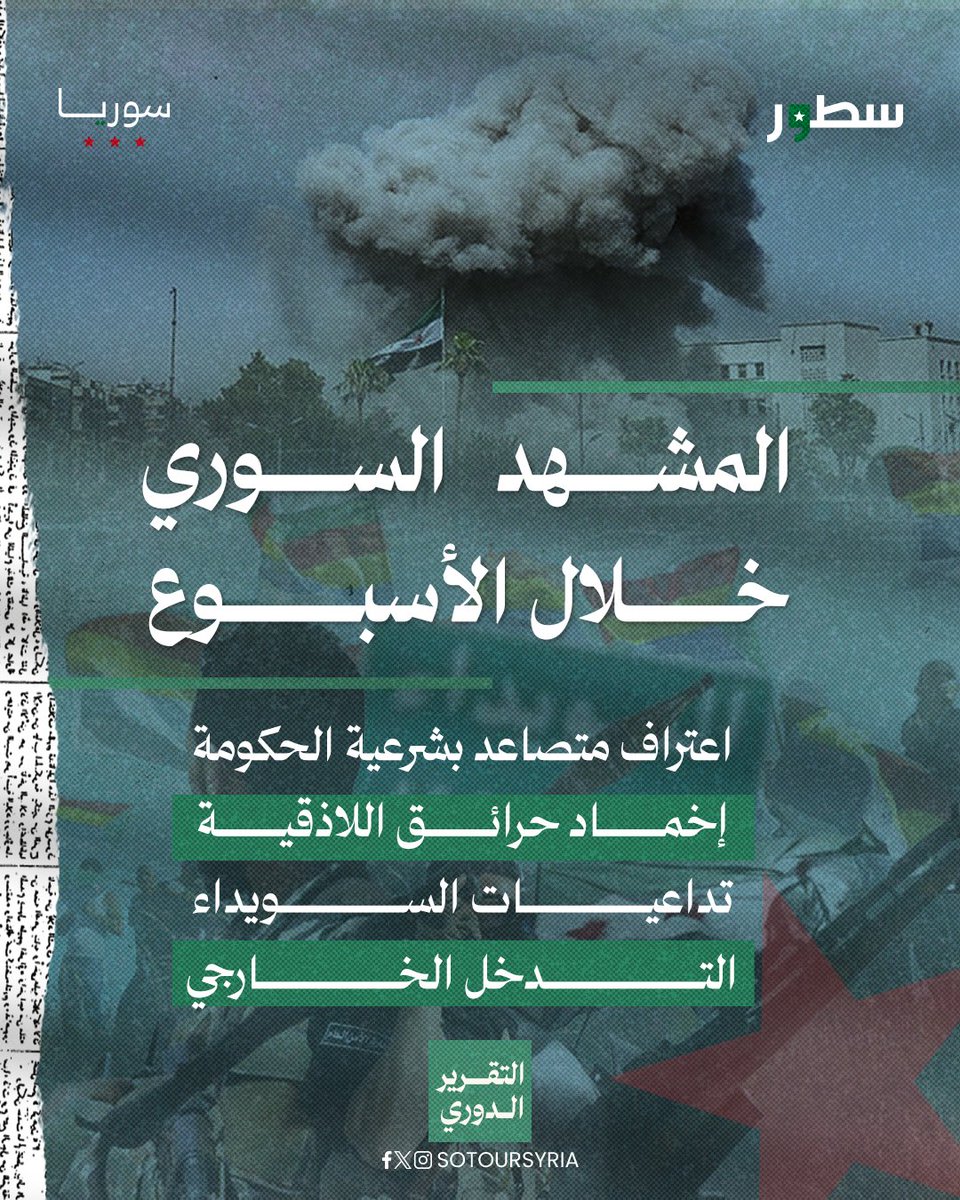 sotoursyria's tweet image. يناقش تقريرنا الدوري لهذا الأسبوع أبرز التطورات التي شهدتها الساحة السورية، من اعتراف متصاعد بشرعية الحكومة ونجاح دمشق في توظيف براغماتيتها، إلى تداعيات الأحداث في السويداء والتدخل الإسرائيلي.
يتناول أيضاً التحديات التي تواجه قسد في شرق الفرات، وكيف تسببت حرائق اللاذقية بكارثة…