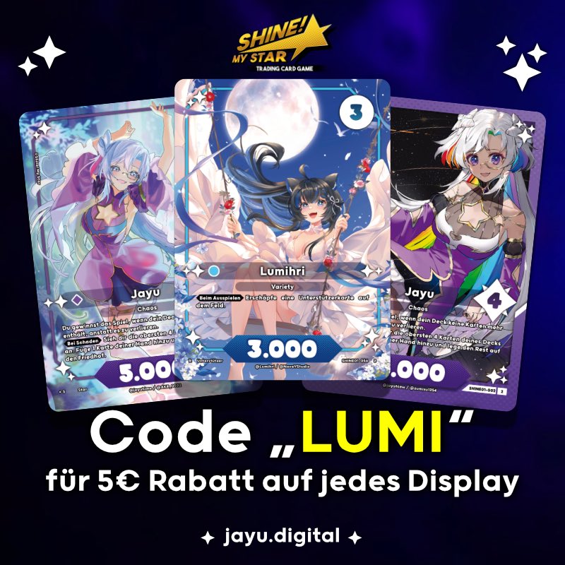˗ˏˋ ★ ˎˊ˗ BESTELL UNS VOR ˗ˏˋ ★ ˎˊ˗ 

Vom 19.7. 20:00-10.8 kannst du Shine! My Star Set 1.5 vorbestellen!

Benutze meinen Code "LUMI" 5€ auf JEDES Display.
Dieser Code gilt auch für das Binder &amp; Display Bundle.

jayu.digital/collections/sh…