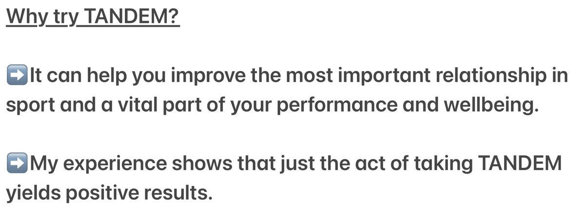 Dr Sophia Jowett (@jowettsophia) on Twitter photo As you know my work has focused on understanding the complex dynamics between coaches & athletes. I have created TANDEM assessment to help coaches and athletes gain a better appreciation of the effectiveness of the coach-athlete relationship.
Try Tandem tandemperformanceconsulting.com/tandem-reports… As you know my work has focused on understanding the complex dynamics between coaches & athletes. I have created TANDEM assessment to help coaches and athletes gain a better appreciation of the effectiveness of the coach-athlete relationship.
Try Tandem tandemperformanceconsulting.com/tandem-reports…