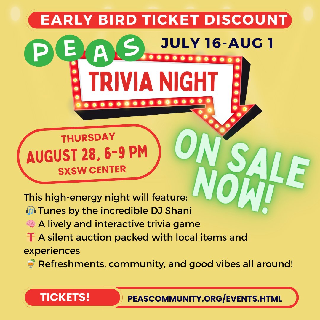 Join us for an unforgettable evening of fun, creativity, and community at the PEAS Trivia Night Fundraiser. Tickets purchases, silent auction winnings, and direct donations support joyful outdoor learning and edible education for Austin kids! go.rallyup.com/peas-trivia