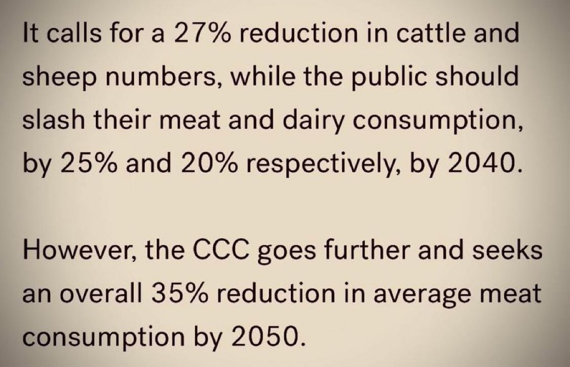 JamesMelville's tweet image. The Climate Change Committee recommend that to meet the UK's net zero by 2050 target:

▪️27% reduction in cattle &amp;amp; sheep

▪️Reduction in meat &amp;amp; dairy consumption of 25% &amp;amp; 20% respectively, by 2040

Madness. This would have a devastating impact on the farming industry.