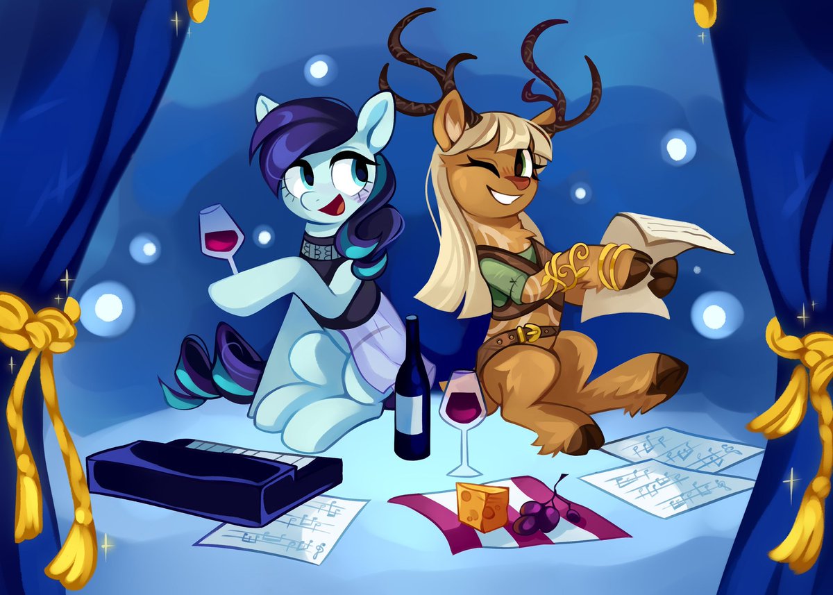 another_erat's tweet image. Lovely night spent with Rara 🎶🍷✨
This person doesn't have pony OC, so I was asked by commissioner to make ponyfication of their DnD faun character ^^