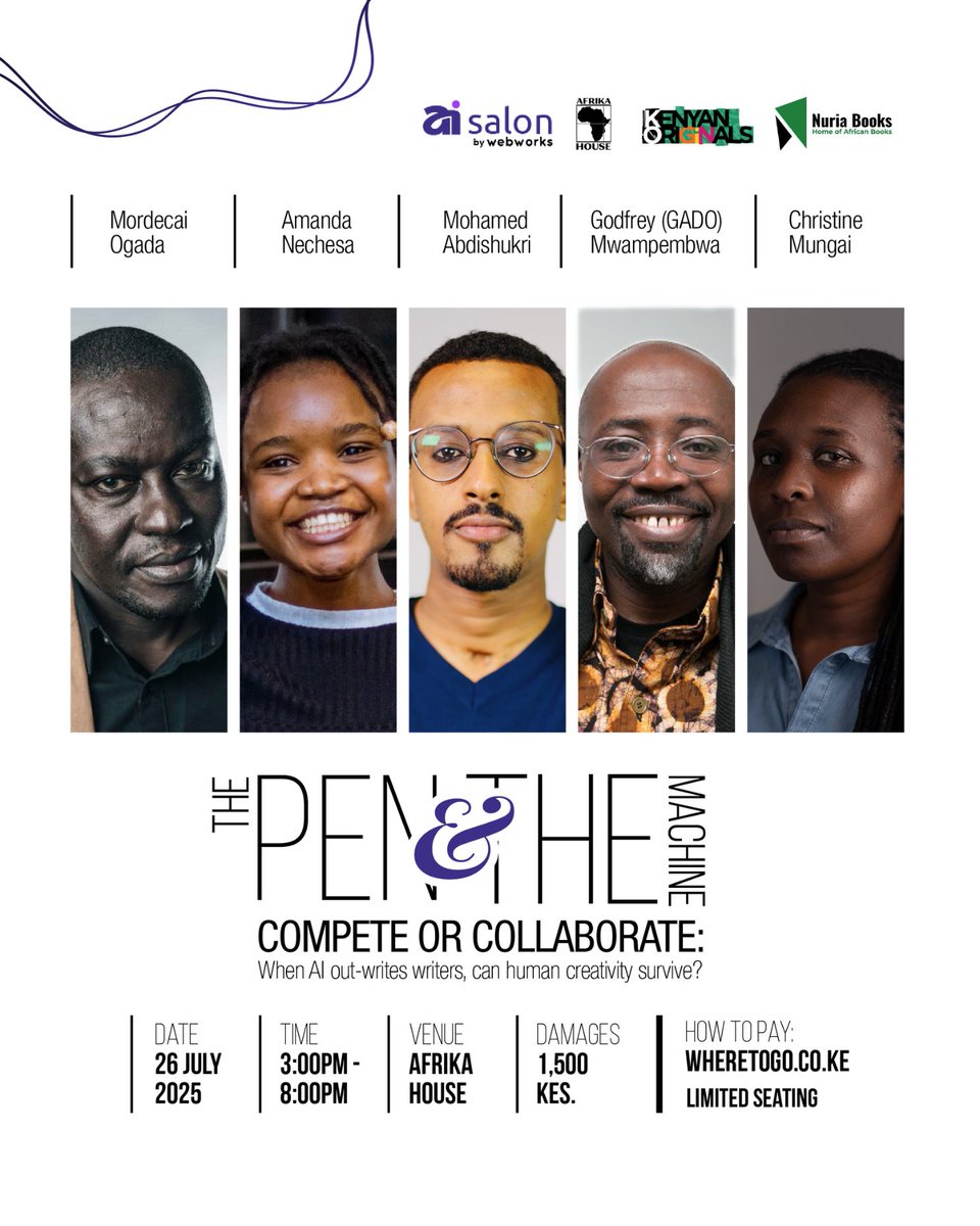 AI Salon by Webworks (@aisalonkenya) on Twitter photo As GenAI reshapes how we create, it invites us to reflect: Is creativity defined by process or product?
Join the intergenerational conclave of <a href="/m_ogada/">MOgada</a>, <a href="/chris_mungai/">Christine Mungai</a>, <a href="/iGaddo/">Gado Cartoons</a>, <a href="/amanda_nechesa/">Amanda Nechesa</a> & <a href="/Mr_Elmami/">Mr.Elmami</a> on 26 July to talk art, authorship & creativity in the age AI. As GenAI reshapes how we create, it invites us to reflect: Is creativity defined by process or product?
Join the intergenerational conclave of <a href="/m_ogada/">MOgada</a>, <a href="/chris_mungai/">Christine Mungai</a>, <a href="/iGaddo/">Gado Cartoons</a>, <a href="/amanda_nechesa/">Amanda Nechesa</a> & <a href="/Mr_Elmami/">Mr.Elmami</a> on 26 July to talk art, authorship & creativity in the age AI.