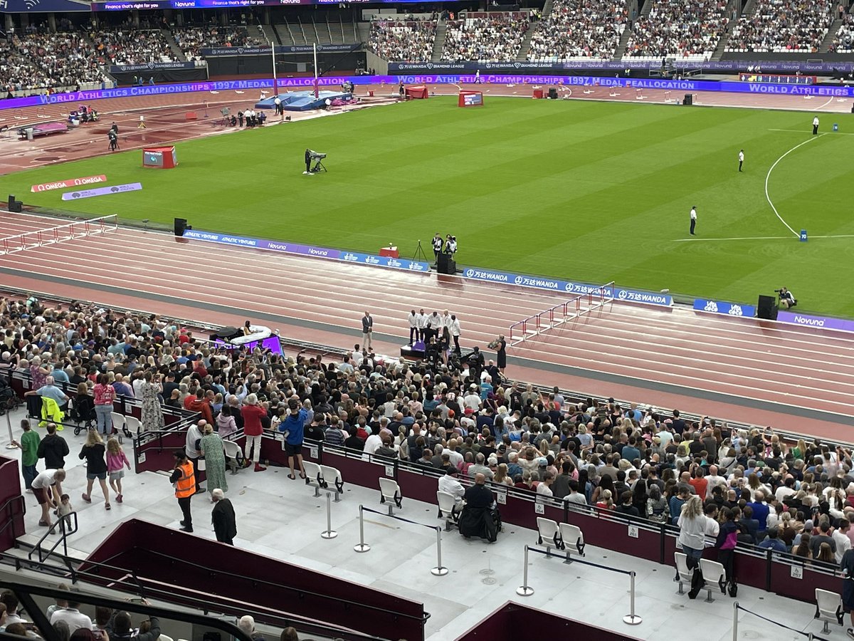 Pretty surreal and amazing moment at the London Diamond League. 

Following the disqualification of the US men’s 4x400m at the 1997 World Championships in Athens, GB were upgraded to the gold medal. 

Roger Black, Iwan Thomas, Jamie Baulch, Mark Richardson and Mark Hylton have
