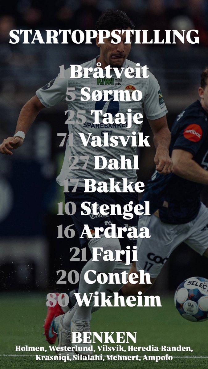 Her er laget som starter mot Molde 📋

💪🏼 Kampstart 16:00 
🎥 TV 2 Play fra 15:45