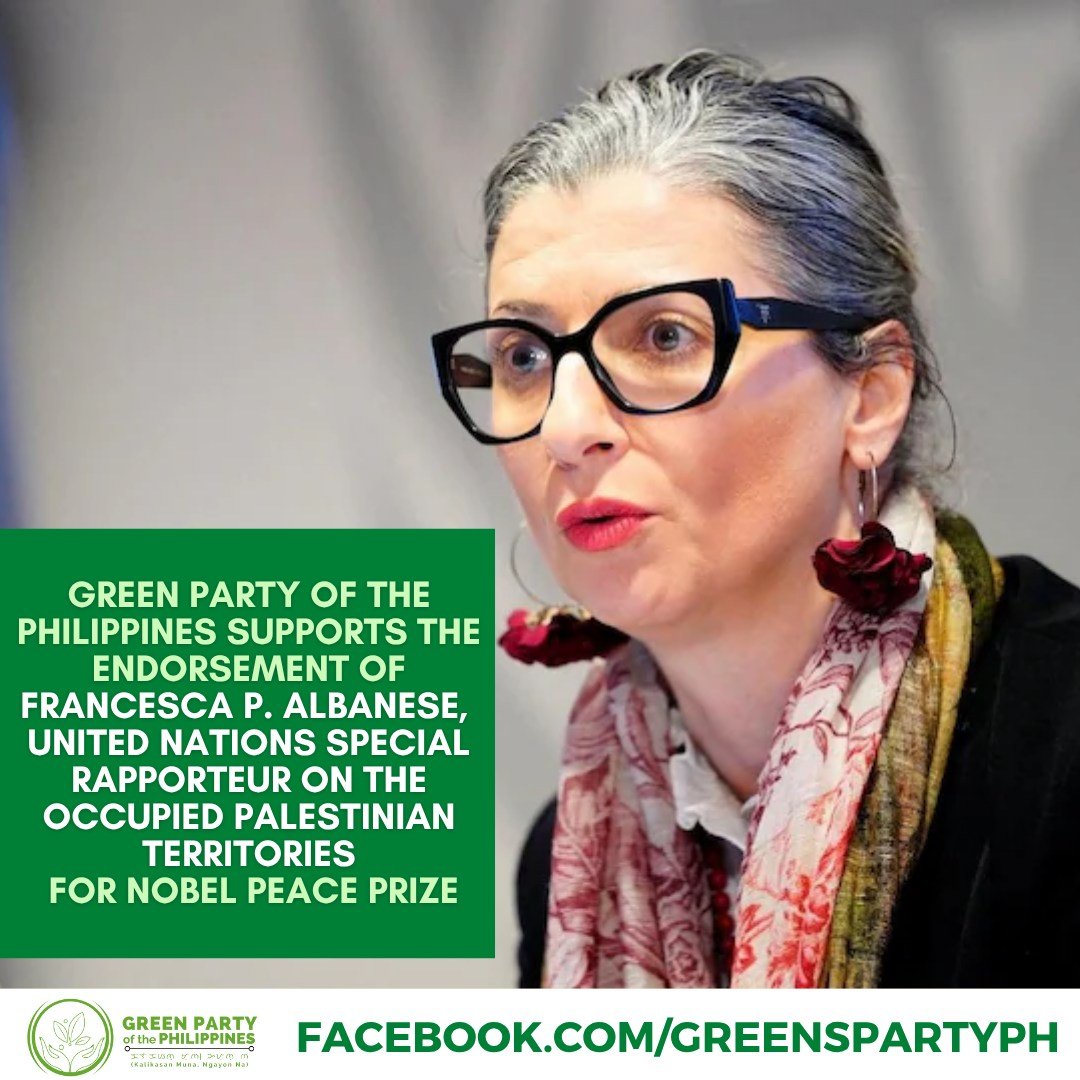greenpartyph's tweet photo. The Green Party of the Philippines is one of the political party associate members of the Asia Pacific Greens Federation (APGF) supporting the endorsement of Ms. Francesca Albanese for the Nobel Peace Prize.

#GreenPartyPH
#KalikasanMuna
#GreenParty https://t.co/LYpWuOrfxx