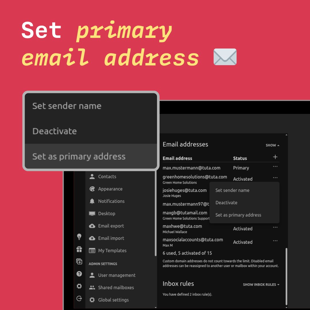 TutaPrivacy's tweet image. Tuta Mail has received some nice improvements this week! 🎉
✅ Time overview for event invitation
✅ Labels organized alphabetically
✅ Change primary email address
Plus, check our new video on how to set up aliases in Tuta & how these can improve your security: 👉…