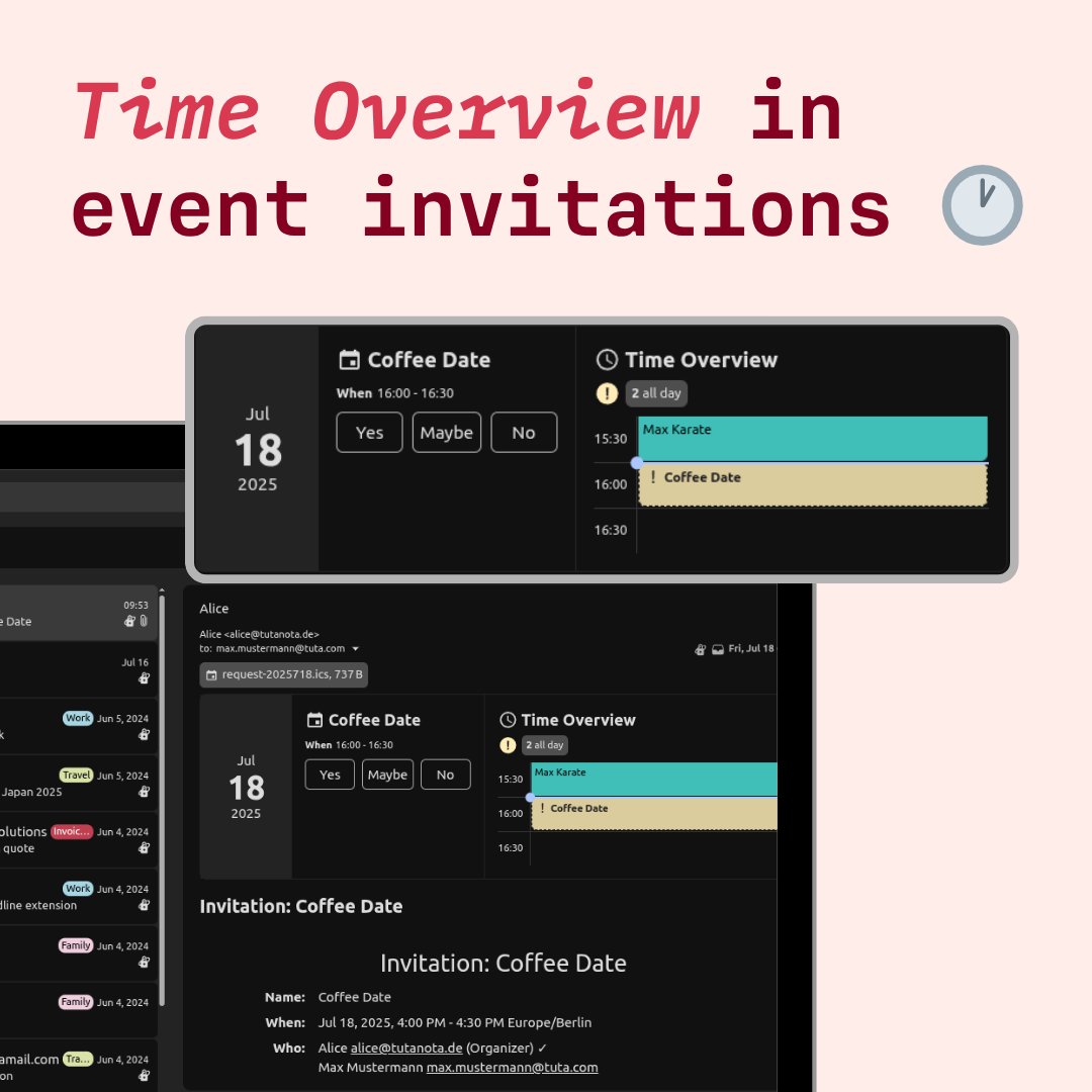TutaPrivacy's tweet image. Tuta Mail has received some nice improvements this week! 🎉
✅ Time overview for event invitation
✅ Labels organized alphabetically
✅ Change primary email address
Plus, check our new video on how to set up aliases in Tuta & how these can improve your security: 👉…