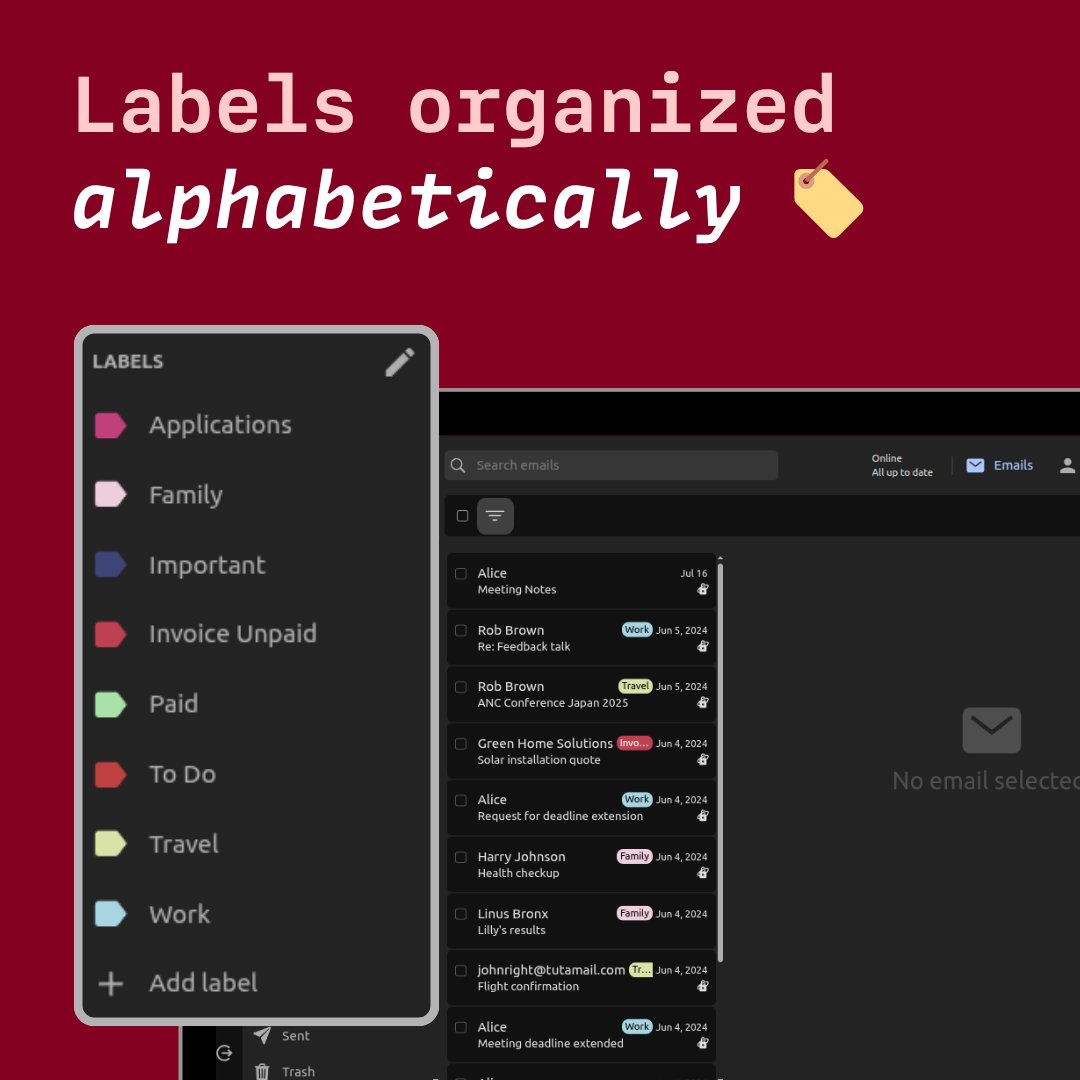 TutaPrivacy's tweet image. Tuta Mail has received some nice improvements this week! 🎉
✅ Time overview for event invitation
✅ Labels organized alphabetically
✅ Change primary email address
Plus, check our new video on how to set up aliases in Tuta & how these can improve your security: 👉…