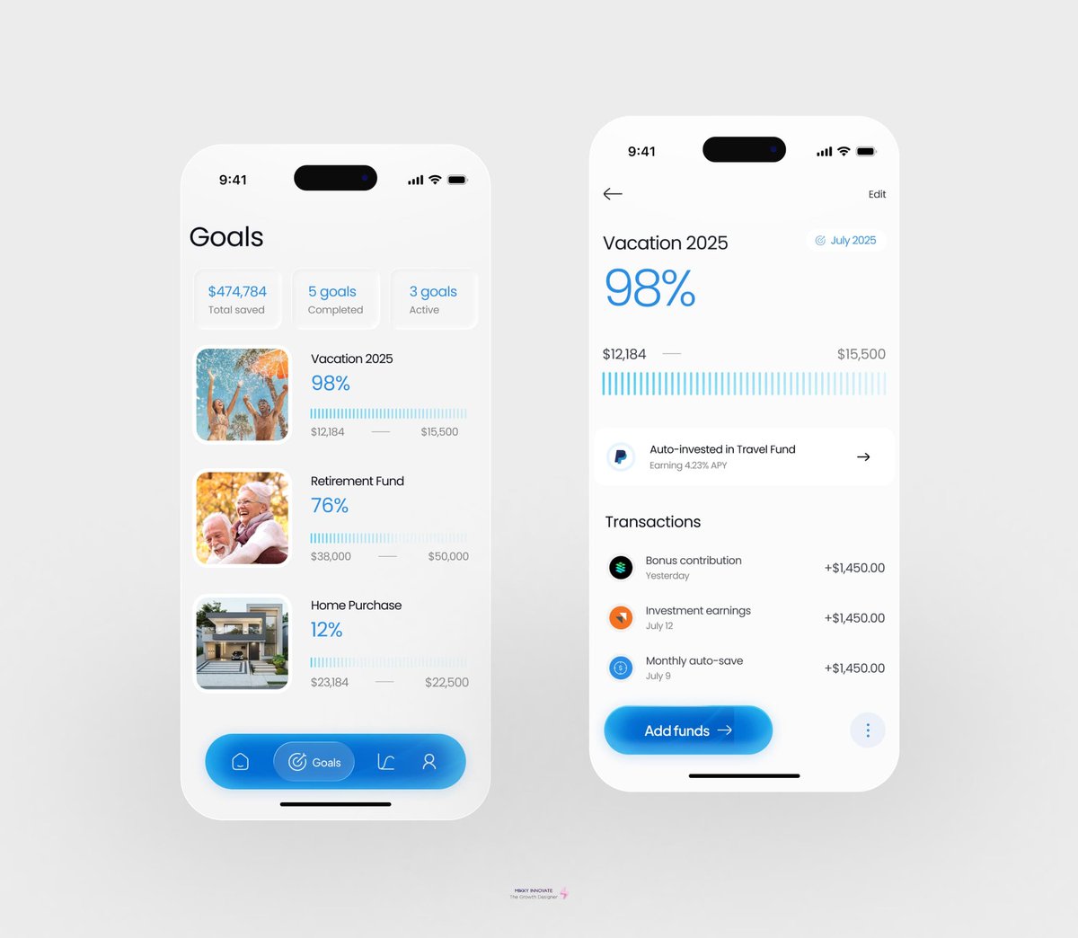 Day 76/365 – Learning by Building✨
 Challenge: Users abandon savings goals when progress feels abstract and disconnected. 
My approach:
• Visual storytelling with contextual imagery 
• 98% completion creates urgency
 • Smart auto-investing removes friction