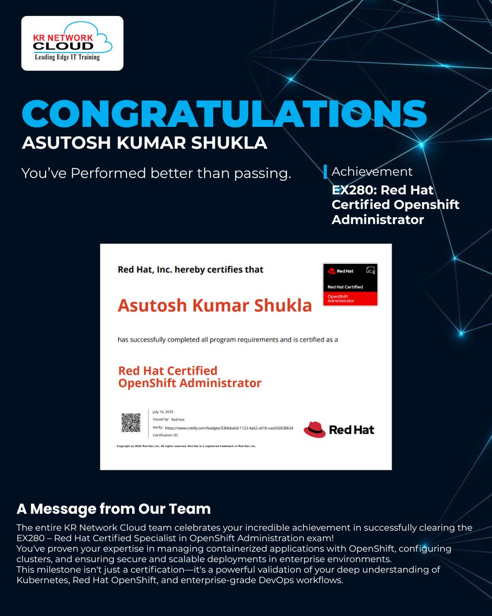 KRNetworkCloud1's tweet image. 🎉 𝐇𝐮𝐠𝐞 𝐂𝐨𝐧𝐠𝐫𝐚𝐭𝐮𝐥𝐚𝐭𝐢𝐨𝐧𝐬 𝐭𝐨 𝐀𝐬𝐡𝐮𝐭𝐨𝐬𝐡 𝐨𝐧 𝐂𝐥𝐞𝐚𝐫𝐢𝐧𝐠 𝐭𝐡𝐞 𝐄𝐗𝟐𝟖𝟎 𝐂𝐞𝐫𝐭𝐢𝐟𝐢𝐜𝐚𝐭𝐢𝐨𝐧! 🎉
#EX280 #RedHatCertified #OpenShiftAdmin #KRNetworkCloud #DevOpsSuccess #CertifiedEngineer #CloudNative #KubernetesAdmin #RedHatOpenShift