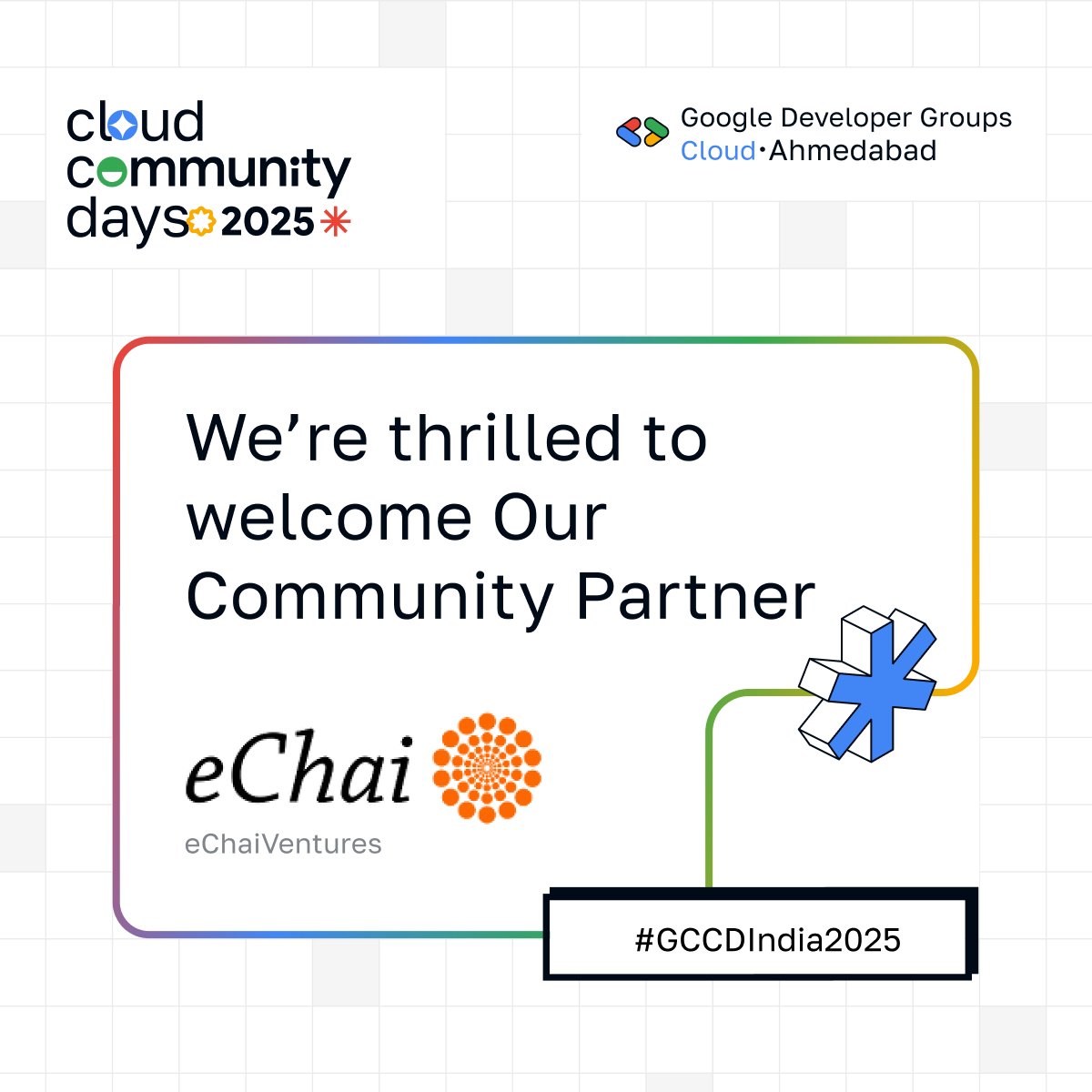 GDG Cloud Ahmedabad (@gdgcloudahm) on Twitter photo 🚀 We’re thrilled to welcome <a href="/eChaiVentures/">eChai Ventures</a> as our Community Partner for Cloud Community Day, Ahmedabad 2025! 💡
Registration Link: forms.gle/W2oTiccqHvSnBi…
#eChai #GCCDIndia2025 #GoogleCloud #Ahmedabad #GDGCloudAhmedabad #CloudCommunityDay #GCP #TechForStartups 🚀 We’re thrilled to welcome <a href="/eChaiVentures/">eChai Ventures</a> as our Community Partner for Cloud Community Day, Ahmedabad 2025! 💡
Registration Link: forms.gle/W2oTiccqHvSnBi…
#eChai #GCCDIndia2025 #GoogleCloud #Ahmedabad #GDGCloudAhmedabad #CloudCommunityDay #GCP #TechForStartups