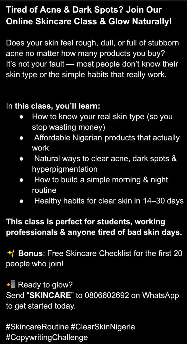 AdesusiTemitop4's tweet image. Day 19 of 45-day copywriting challenge 
Your constructive criticism, advice and reviews are welcome.

This copy is about skincare, and it&apos;s created as part of my challenge for day 19. #SkincareRoutine #copywritingChallenge